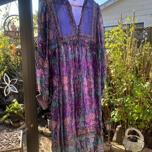 Purple Sundress with Long Bishop Sleeves and Plunge Neckline for Resort Wear